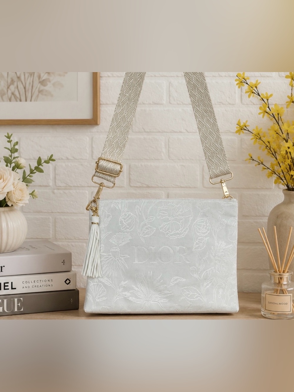 Dior White Embroidered floral velvet beauty bag